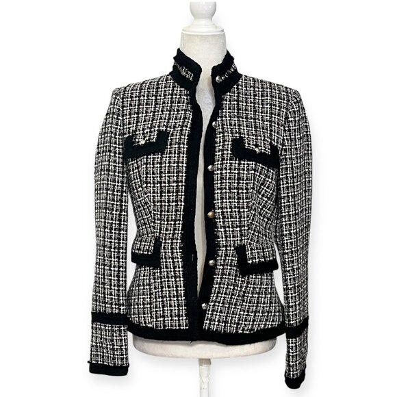 White House Black Market Tweed Blazer Jacket Size 4 Silk Blend Chain Trim Black - Picture 1 of 13